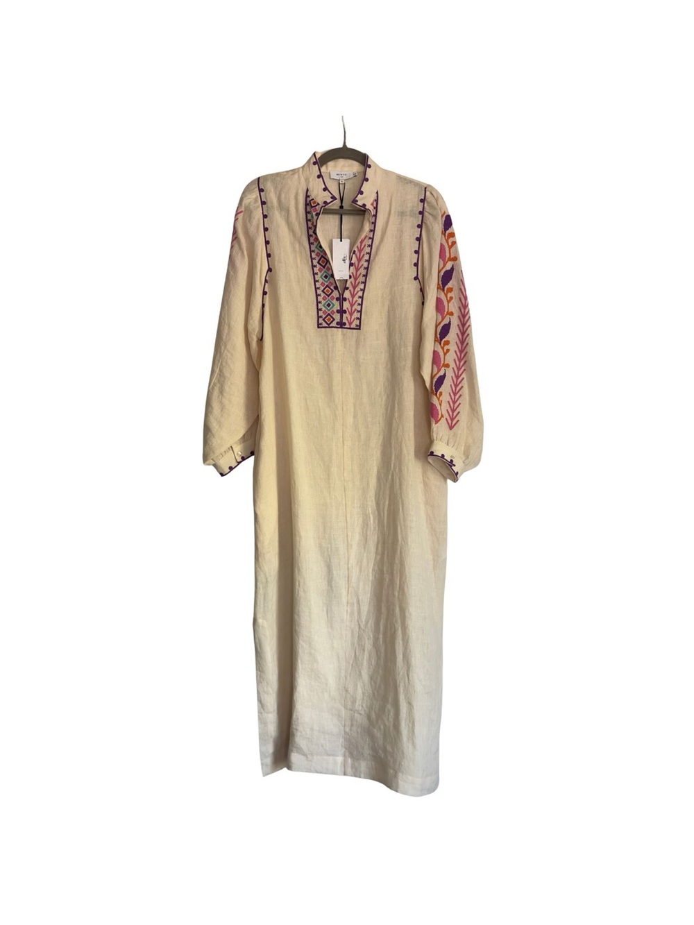 Mirto Cream Embroidered Maxi Dress with Pink & Purple Sleeve Motif